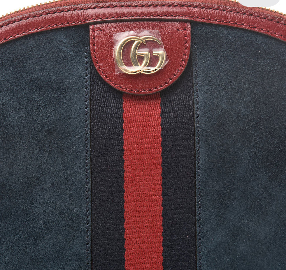 GUCCI Suede Calfskin Web Small Ophidia Dome Shoulder Bag Blue Romantic Cherry