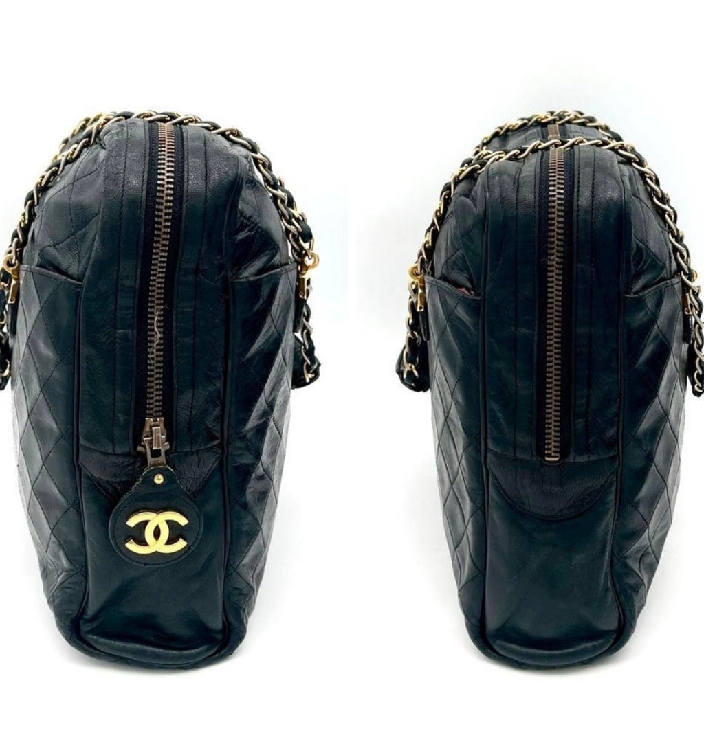 Chanel Matelassé Tote Bag Chain Shoulder Bag Lambskin Black