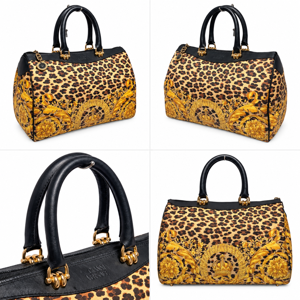 Vintage Gianni Versace Animalier Barocco Leopard Crown Top Handle Satchel Bag – Black/Yellow