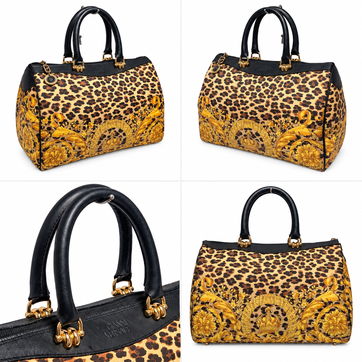 Vintage Gianni Versace Animalier Barocco Leopard Crown Top Handle Satchel Bag – Black/Yellow
