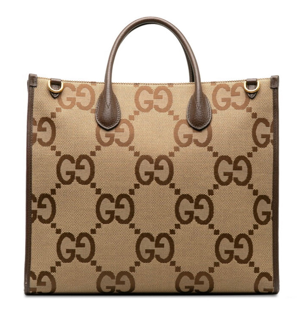 Gucci Monogram Jumbo GG Textured Dollar Calfskin Web Tote Bag Camel Ebony New Acero