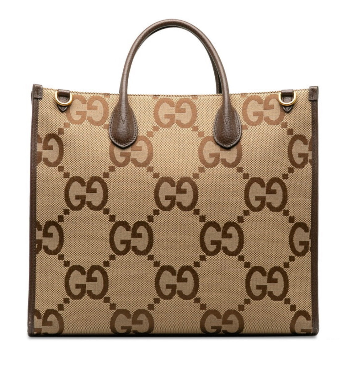 Gucci Monogram Jumbo GG Textured Dollar Calfskin Web Tote Bag Camel Ebony New Acero