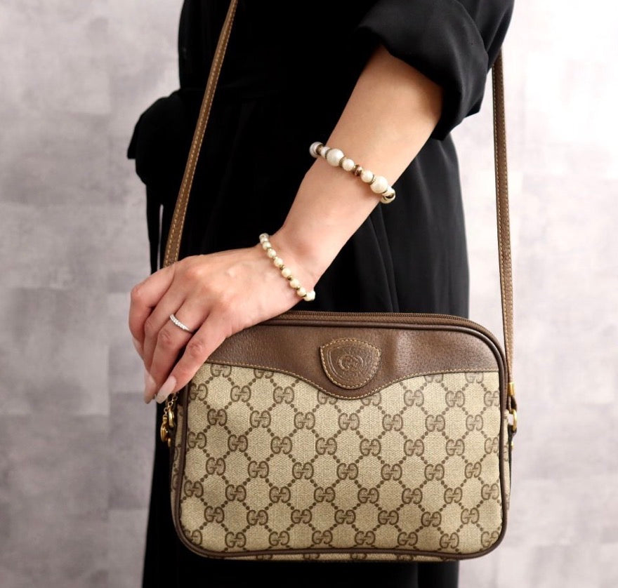 GUCCI Old Gucci GG  Supreme PVC Calf Leather Shoulder Bag Vintage Brown