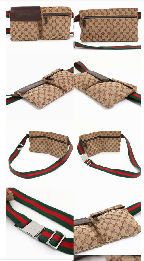Authenic GUCCI Monogram Web Double Pocket Belt Bag Dark Brown
