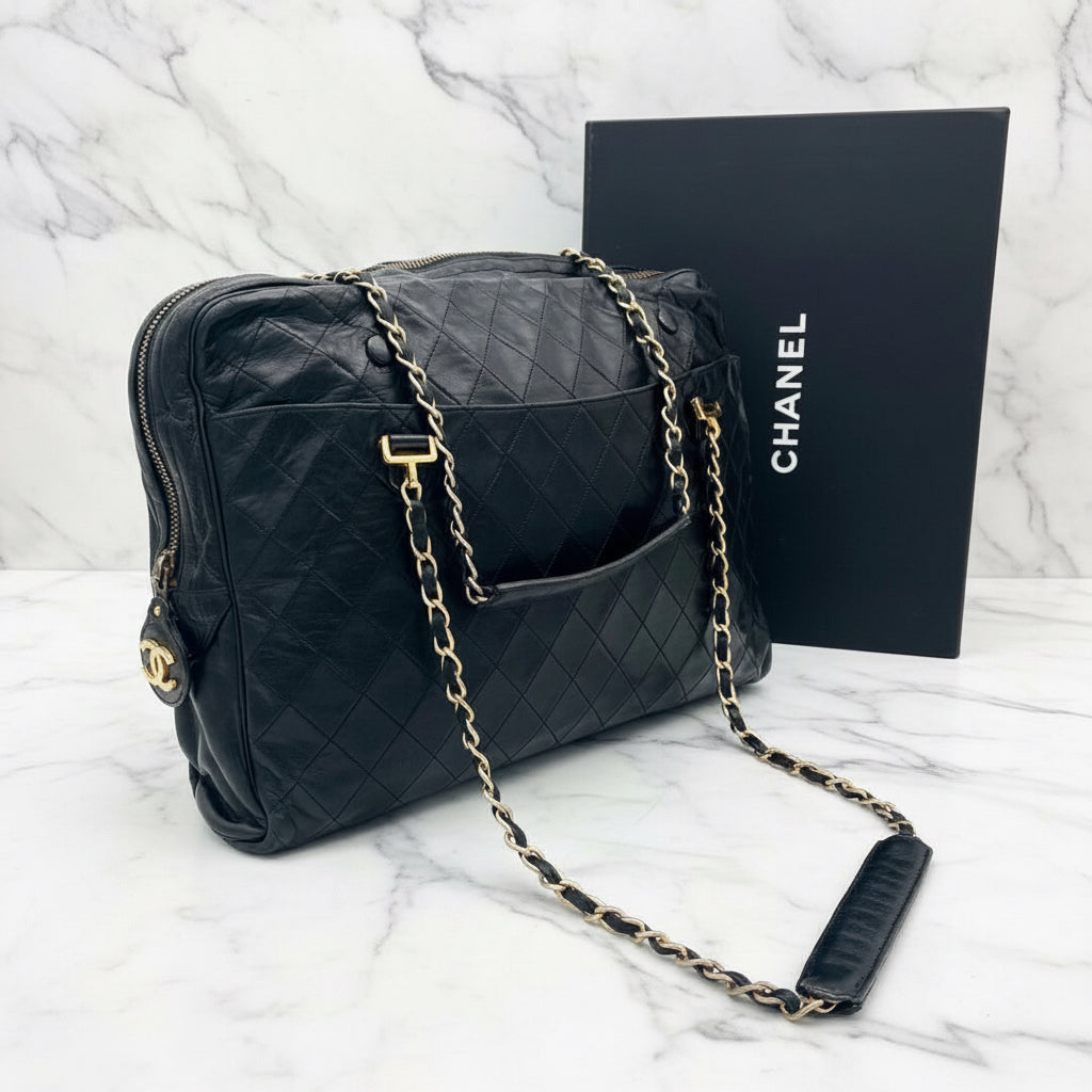 Chanel Matelassé Tote Bag Chain Shoulder Bag Lambskin Black