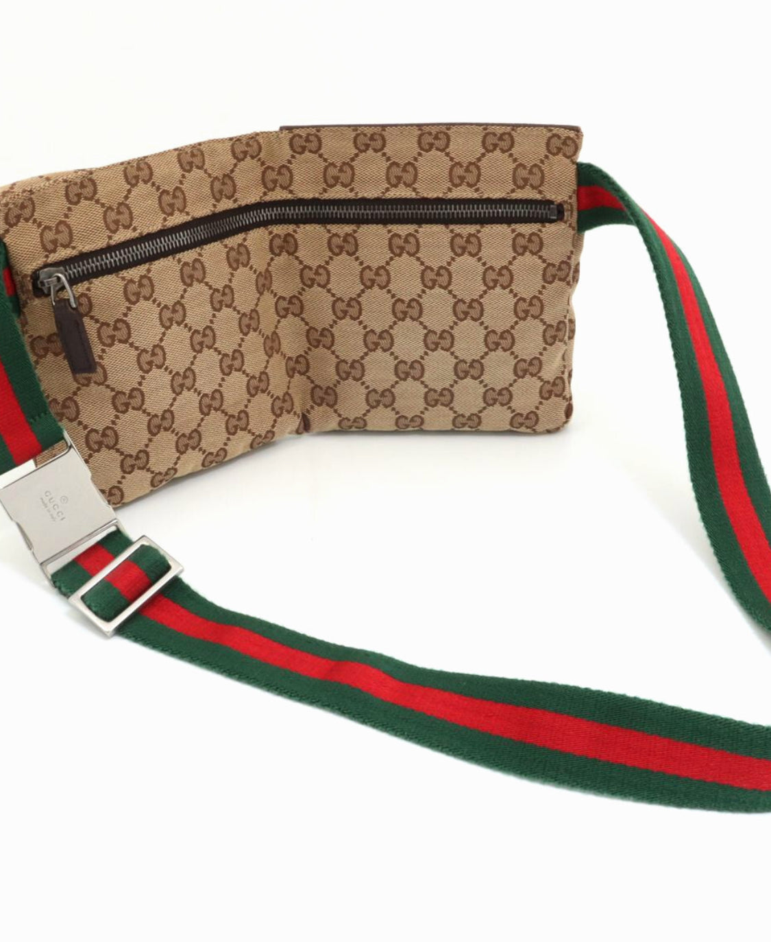 Authenic GUCCI Monogram Web Double Pocket Belt Bag Dark Brown