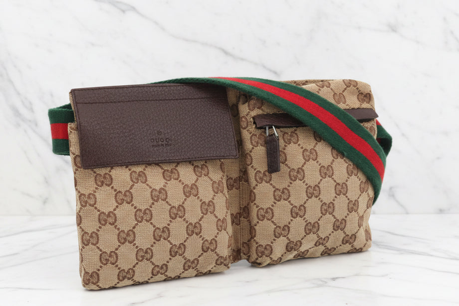 Authenic GUCCI Monogram Web Double Pocket Belt Bag Dark Brown