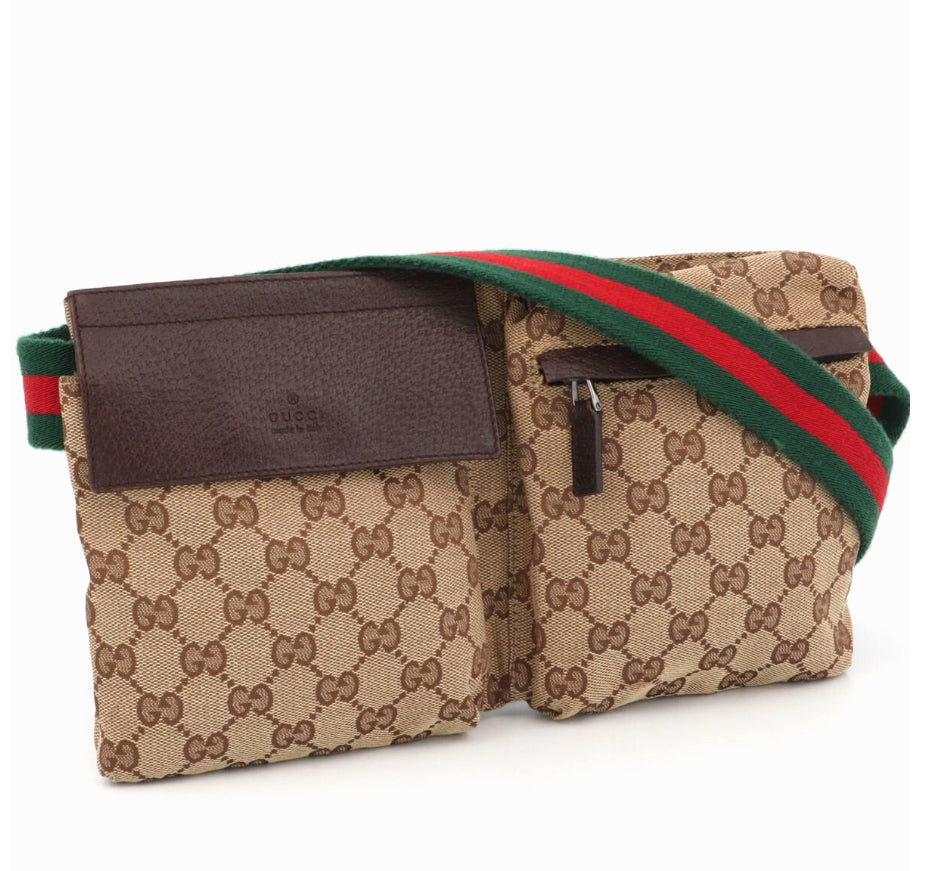 Authenic GUCCI Monogram Web Double Pocket Belt Bag Dark Brown