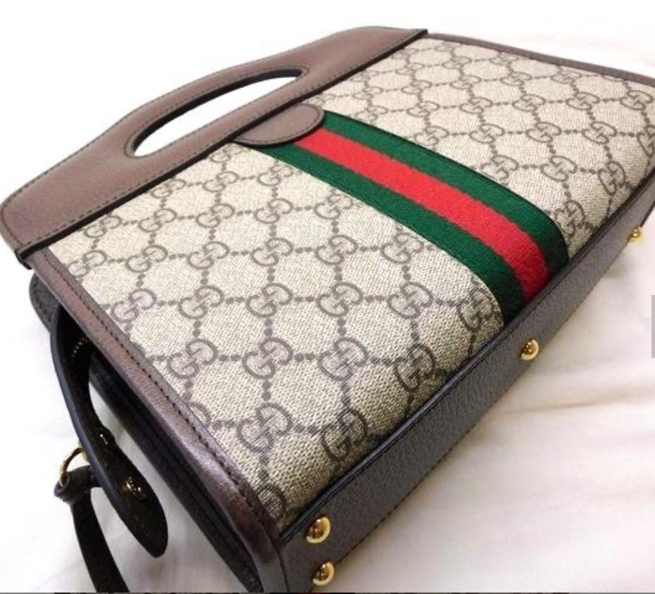 Authentic GUCCI GG Supreme Monogram Textured Dollar Calfskin Web Small Ophidia Slip Handle Tote Beige Ebony New Acero Excellent Condition