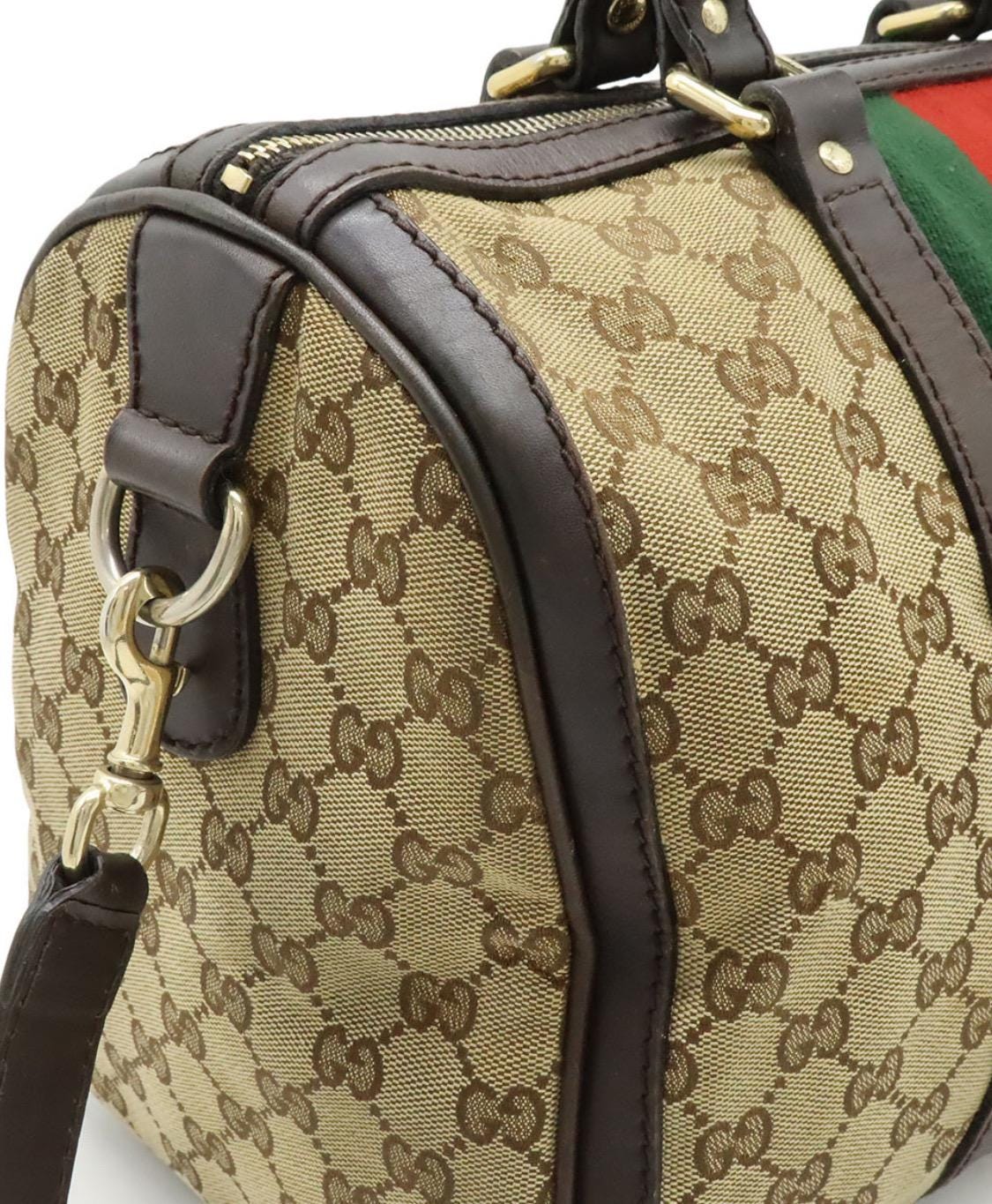 Authentic GUCCI Monogram Selleria Calfskin Vintage Web Medium Boston Beige Ebony Cocoa Shoulder bag