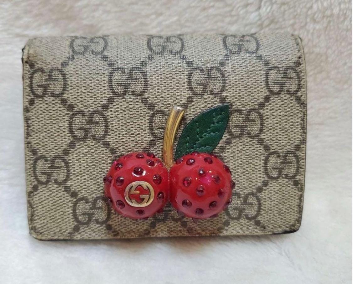 Authentic GUCCI GG Supreme Monogram Cherry Embellished Card Case Wallet Hibiscus Red