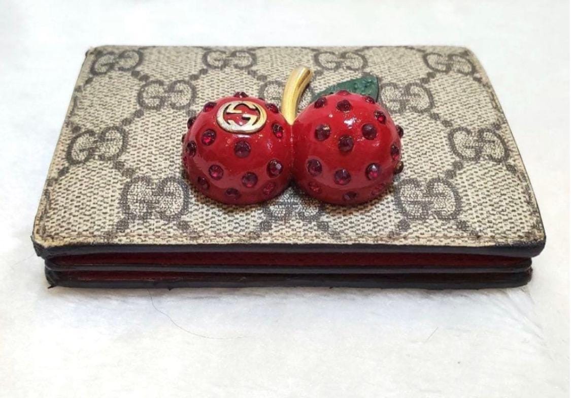 Authentic GUCCI GG Supreme Monogram Cherry Embellished Card Case Wallet Hibiscus Red