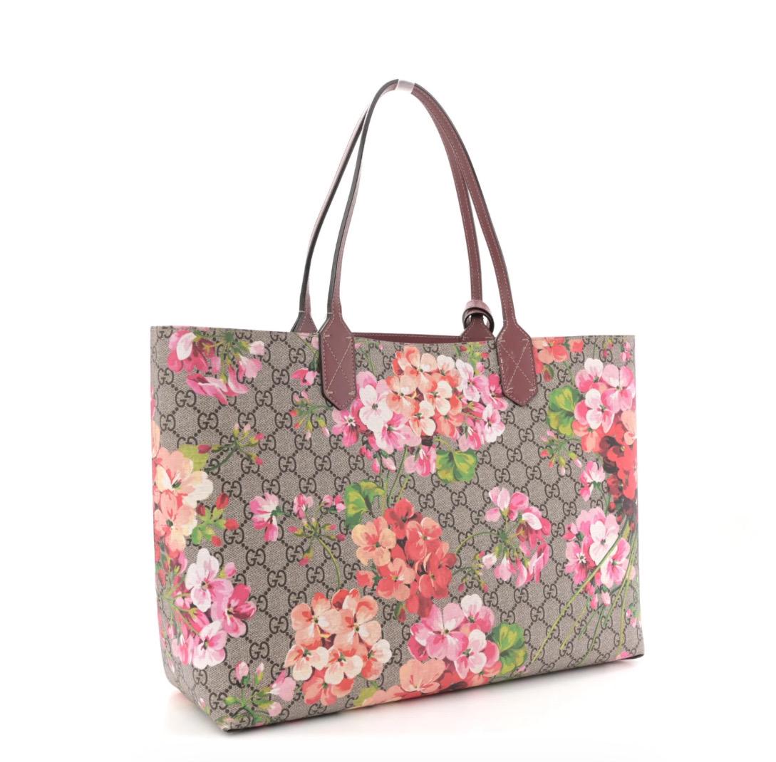 Authentic GUCCI GG Supreme Monogram Blooms Medium Reversible Tote Beige Multicolor Dry Rose