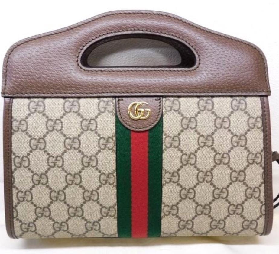 Authentic GUCCI GG Supreme Monogram Textured Dollar Calfskin Web Small Ophidia Slip Handle Tote Beige Ebony New Acero Excellent Condition