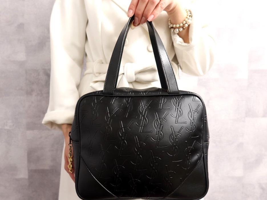 Authentic Yves Saint Laurent Vintage Black PVC Leather Handbag Bag With YSL Charm