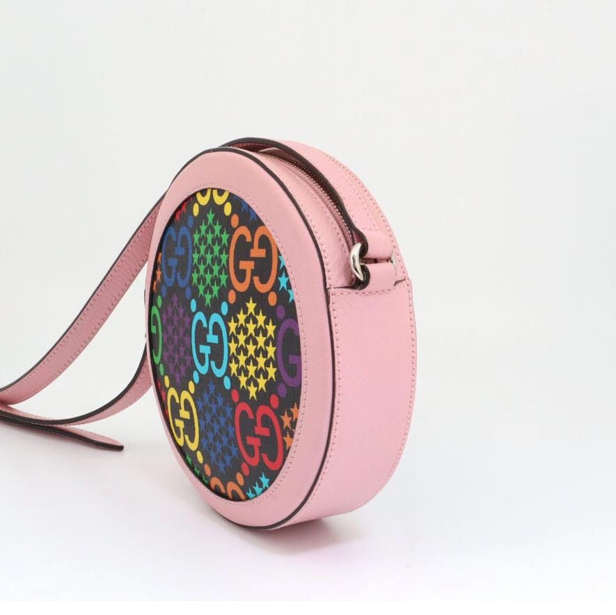 Authentic GUCCI GG Supreme Monogram Psychedelic Round Shoulder Bag Black Multicolor Sugar Pink