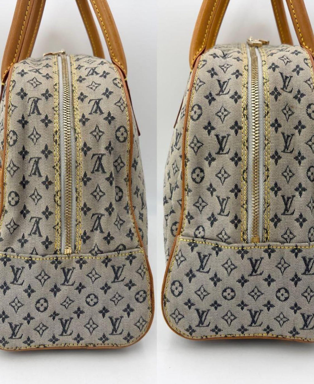 Authentic LOUIS VUITTON Monogram Mini Marie Handbag/Boston Bag, Canvas/Blue Leather Vintage