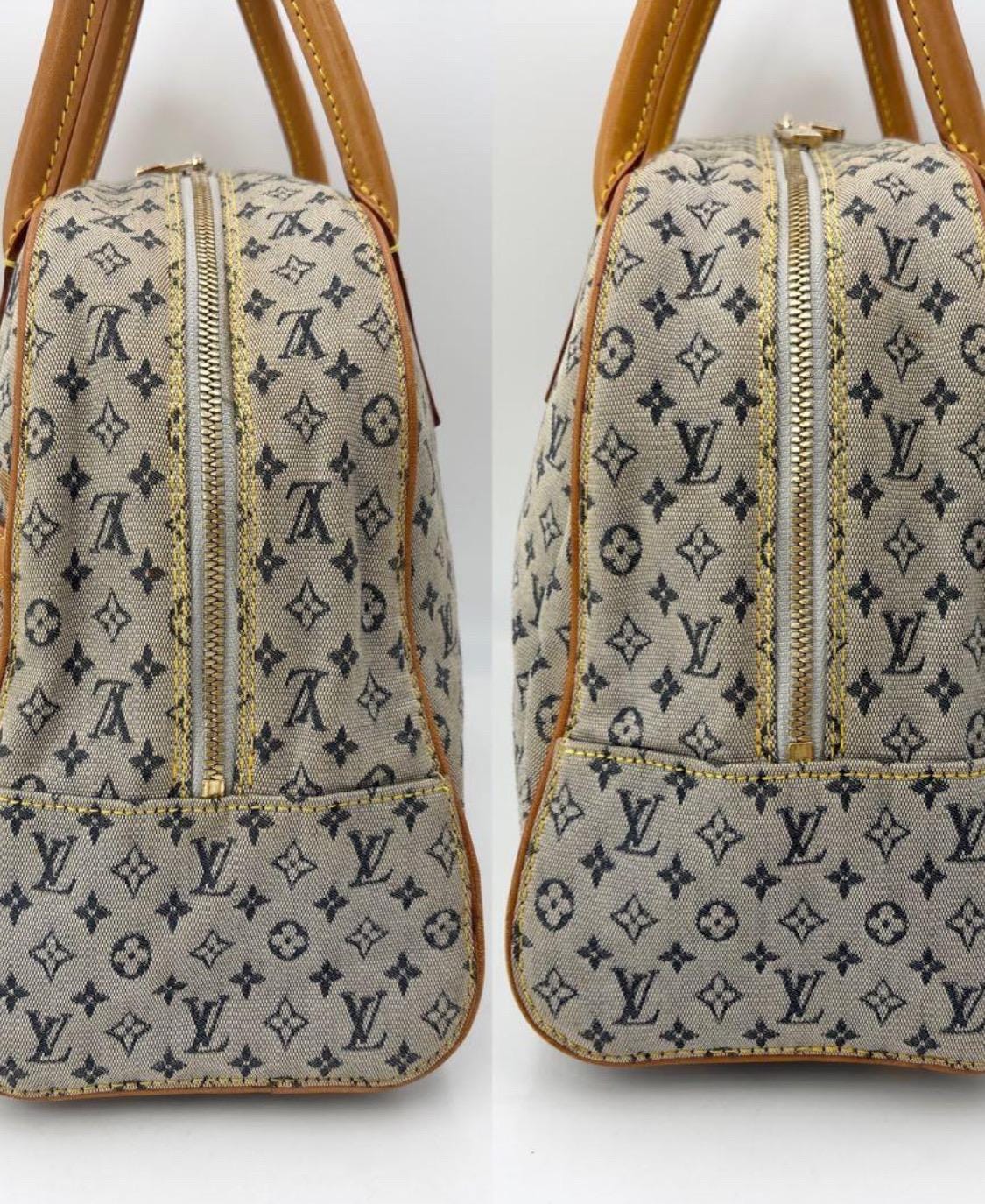 Authentic LOUIS VUITTON Monogram Mini Marie Handbag/Boston Bag, Canvas/Blue Leather Vintage