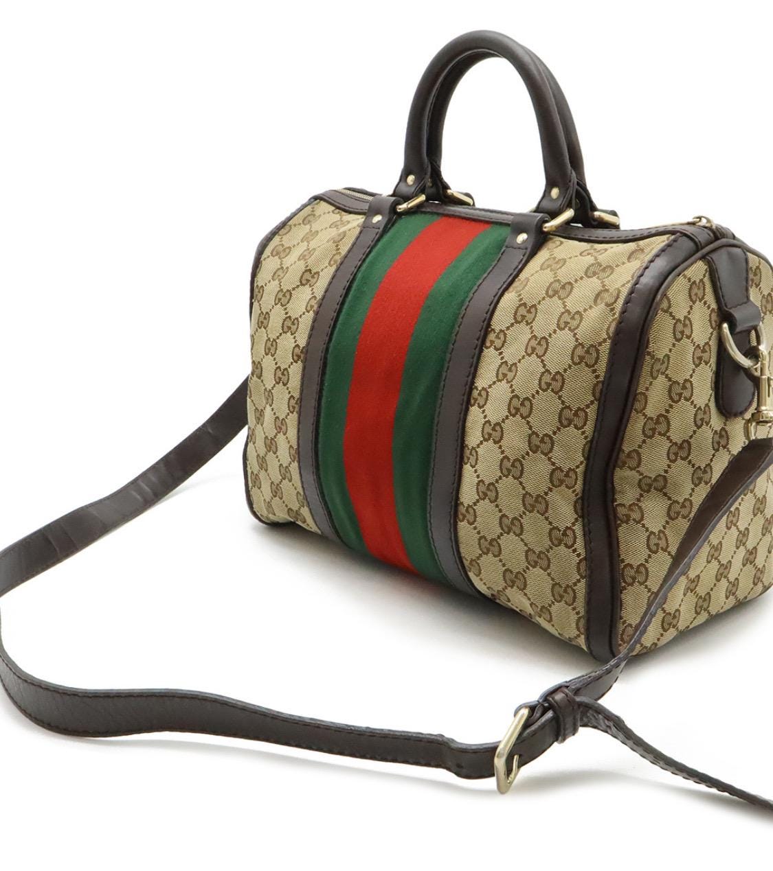 Authentic GUCCI Monogram Selleria Calfskin Vintage Web Medium Boston Beige Ebony Cocoa Shoulder bag
