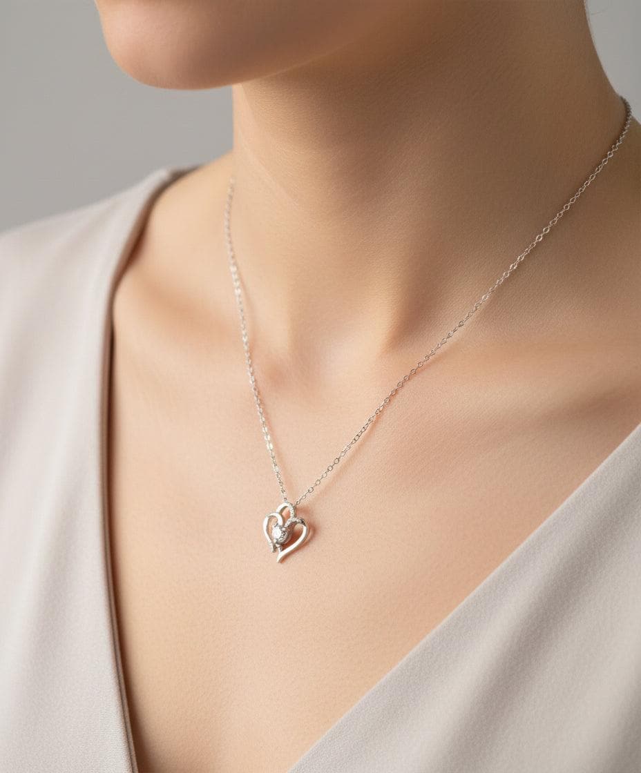 Double Heart Silver Crystal Necklace