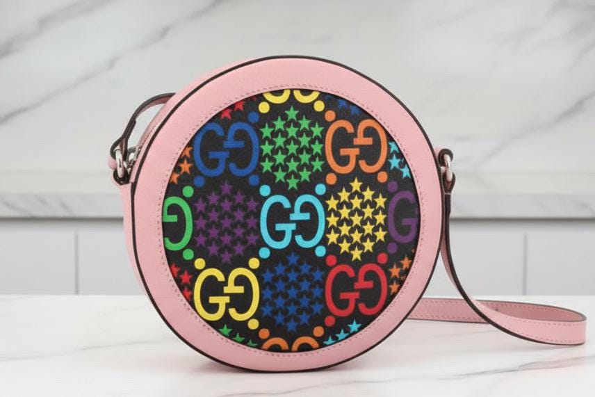 Authentic GUCCI GG Supreme Monogram Psychedelic Round Shoulder Bag Black Multicolor Sugar Pink